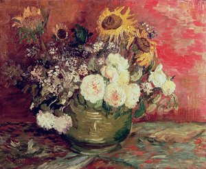 Sonnenblumen, Rosen und andere Blumen in einer Schale, 1886